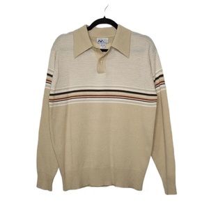 Vintage 70's Sweater Mens Large Striped Polo Collar Tan/Beige Disco Rockabilly